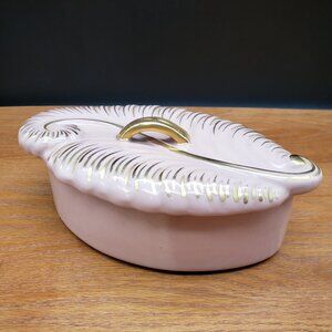 VTG Pink Ceramic Leaf Covered Dish w/ Gold Trim Mid Century Hollywood Regency